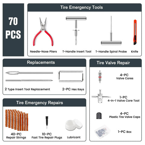 Heavy Duty 70 Piece Tubeless Tire Repair Kit With T Handle Puller And Rubber Plugs showing tire tools and accessories including pliers and plugs.
