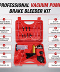 One Man Brake Bleeder Kit With Adapters And Pressure Gauge in red case, includes vacuum pump, hoses and connectors for fluid removal.