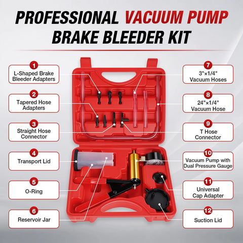 One Man Brake Bleeder Kit With Adapters And Pressure Gauge in red case, includes vacuum pump, hoses and connectors for fluid removal.
