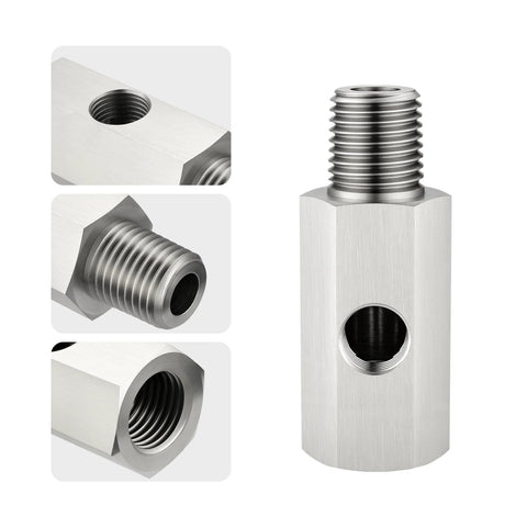 Stainless steel 1/4 NPT oil pressure sensor tee adapter with 1/8 NPT female port (front view)