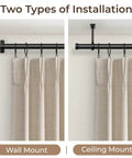 Heavy Duty 1 Inch Curtain Rod For Windows And Patio - Adjustable Telescoping Steel Rod With Wall Or Ceiling Mount - Built To Last, Indoor Outdoor Ready, Black - 72 To 144 Inches - Handles Light To Heavy Curtains - Easy Install, wall and ceiling mount options shown with curtains