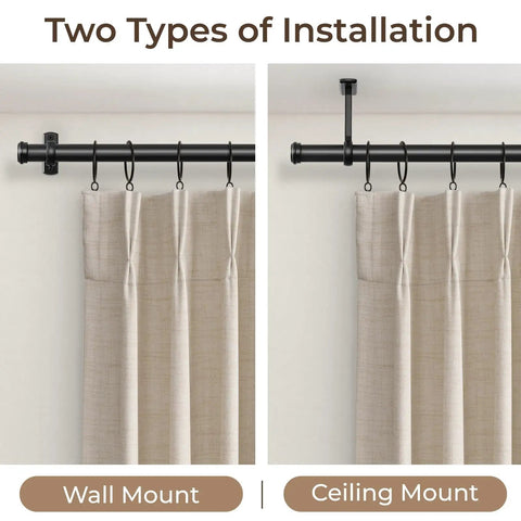 Heavy Duty 1 Inch Curtain Rod For Windows And Patio - Adjustable Telescoping Steel Rod With Wall Or Ceiling Mount - Built To Last, Indoor Outdoor Ready, Black - 72 To 144 Inches - Handles Light To Heavy Curtains - Easy Install, wall and ceiling mount options shown with curtains