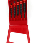 Five Piece Sheathed Drift Punch Set For Automotive Projects in red case with ergonomic shock absorbing handles displayed