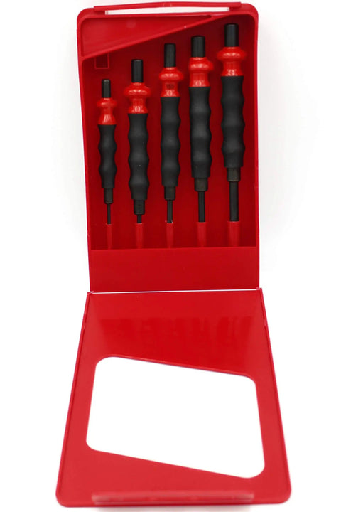 Five Piece Sheathed Drift Punch Set For Automotive Projects in red case with ergonomic shock absorbing handles displayed