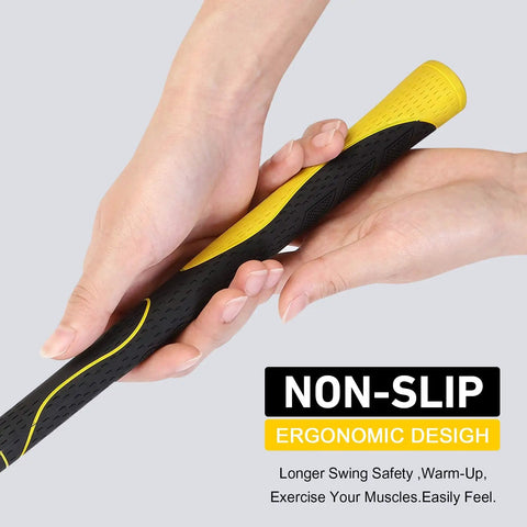 Close-up of hands gripping Indoor Golf Swing Trainer Aid With Weighted Head And Flexible Shaft For Tempo, Grip Strength, Flexibility Training