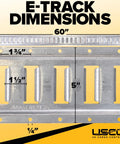 Beefy E Track Rail 5 Ft Galvanized 12 Gauge Steel For Trailers Garages And Vans Horizontal E Track Rails With 6000 Lbs Break Strength Per Slot And 2000 Lbs Working Load Made In USA, showing dimensions on steel E-track with slots.