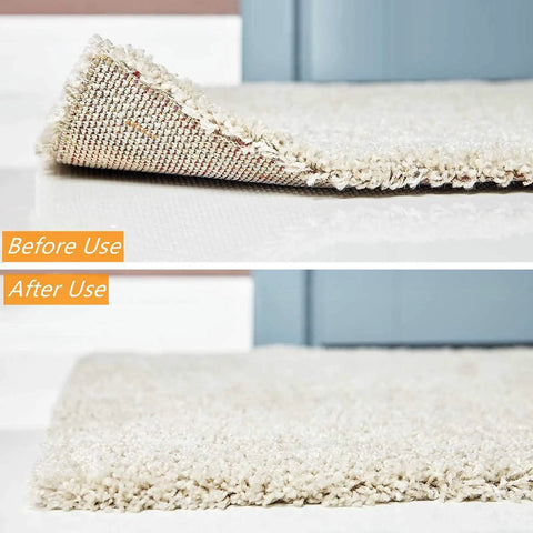 No Slip Carpet Gripper Kit 16 Pack Reusable Washable Rug Pads And Edge Clips for Floors and Cars shown in before and after use