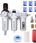 All In One Industrial Auto Drain Air Dryer For Compressors, Three Stage NPT Three Quarter Inch System With Water Separator, 5 Micron And 0.01 Micron Filters, Includes Six Free Desiccant Bags, Ideal For Plasma Cutter And Paint Spray, shown with accessories