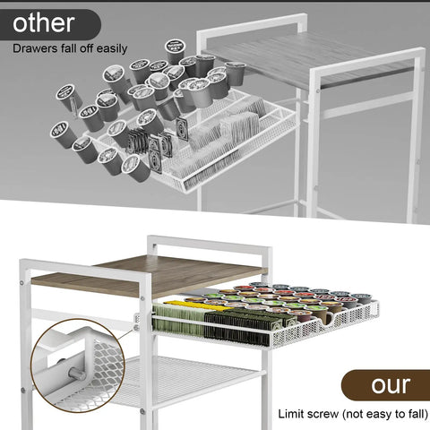 Comparison of drawer stability in Modern White Coffee Bar Cabinet On Wheels with Ample Storage, focusing on secure limit screw design