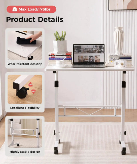 Standing Desk On Wheels Adjustable Height Sit Stand Desk Portable Rolling Laptop Desk White 16 By 31.5 Inches For Home Office Ergonomic Computer Table Height 27 To 43.5 Inches with laptop, books, and vase.