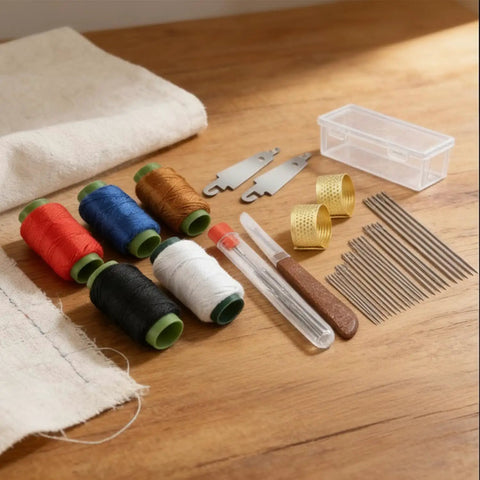 Big Eye Sewing Needles Kit 36 pcs stainless steel with storage box, spools, seam ripper, thimbles, and needle threaders on table