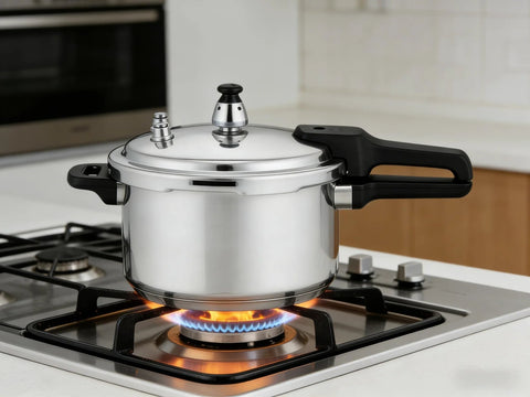 Stainless steel pressure cooker with black handles on a gas stove.