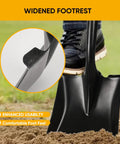 Heavy Duty Flat Shovel Workhorse with 41 Inch Long Durable Handle and Blade for Construction, Landscaping, Gardening, and Snow Removal, rust-resistant with widened footrest for easy digging on soil.
