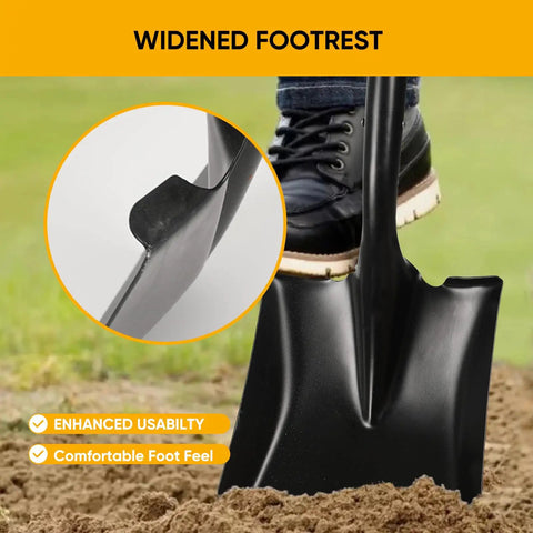 Heavy Duty Flat Shovel Workhorse with 41 Inch Long Durable Handle and Blade for Construction, Landscaping, Gardening, and Snow Removal, rust-resistant with widened footrest for easy digging on soil.