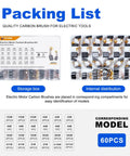 60 Pcs Electric Motor Carbon Brushes Set By Size For 10 Models Power Tool Replacement Parts For Drills Saws Grinders Motors