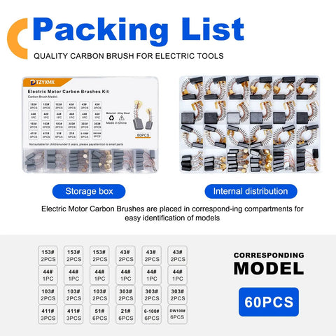 60 Pcs Electric Motor Carbon Brushes Set By Size For 10 Models Power Tool Replacement Parts For Drills Saws Grinders Motors