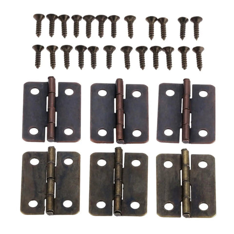 Top Shelf Vintage Cabinet Hinges For Wood Boxes And Doors 10 Pack Solid Metal Hardware with screws, 25x18mm size, antique style.
