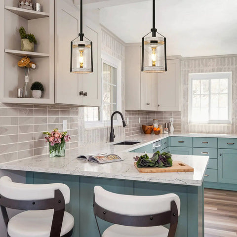 Farmhouse Pendant Light With Seeded Glass And Metal Cage, Rustic Wood Finish Island Lighting Fixture For Kitchen And Dining Room