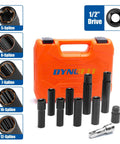 Half Inch Drive Spline Lug Nut Socket Set 10 Piece With Impact Square End in orange case with various spline sizes shown