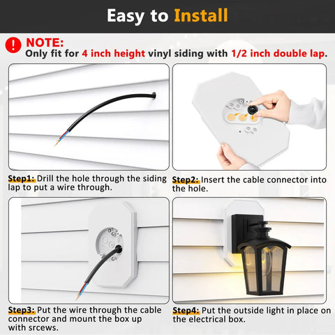 Outdoor Light Mounting Block Kit With Built In Electrical Box For Siding Four Inch By One Half Inch Lap Siding White Textured Paintable Finish DIY Friendly No Fuss Install On Vinyl Siding Durable Weatherproof Light Mount Plate on vinyl siding
