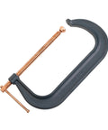 C Clamp Built Tough With Extra Deep Throat 12 And A Quarter Inch Opening 6 And A Quarter Inch Throat 9300 Lbs Clamping Force Copper Plated Spindle Perma Pad Drop Forged Regular Duty Frame V Grooved Anvil For Welding And Maintenance displayed rotated on white background