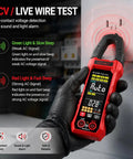 Pro Grade True RMS Clamp Meter For DIY And Pros 6000 Counts Multimeter Measures AC DC Voltage And 600A Current NCV Live Wire Detector Auto Range Overload Protection Capacitance Resistance Diode Test Handy For Home And Industrial Repairs, shown testing outlet