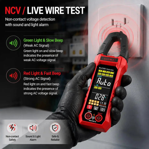 Pro Grade True RMS Clamp Meter For DIY And Pros 6000 Counts Multimeter Measures AC DC Voltage And 600A Current NCV Live Wire Detector Auto Range Overload Protection Capacitance Resistance Diode Test Handy For Home And Industrial Repairs, shown testing outlet