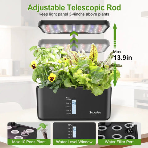 Indoor Hydroponics Growing System For Herbs And Vegetables, 10 Pod Kit With 24W Full Spectrum LED Lights, adjustable LED height