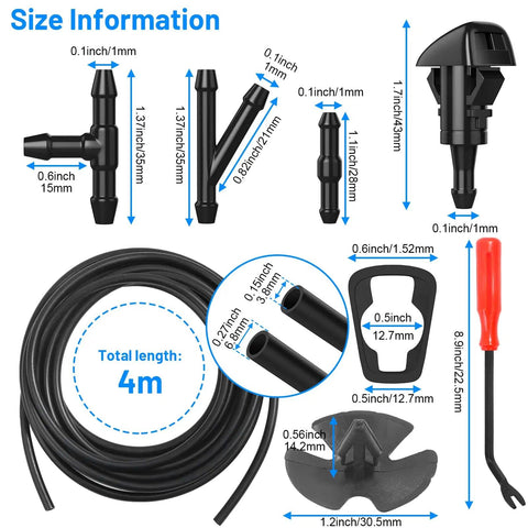 52 In 1 Windshield Washer Nozzle Kit For Chrysler Dodge Jeep Ram with hose, nozzles, connectors, hood retainers size diagram