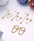 Four Pair Chain Earrings For Women With CZ Ball Studs, Dangling Front To Back Bar Huggie Hoops, Gold Tone Set, Copper Chain Drops, 3cm Length, Stainless Steel Posts, Comfortable Everyday Sparkle. gold-tone chain earrings set