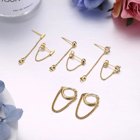 Four Pair Chain Earrings For Women With CZ Ball Studs, Dangling Front To Back Bar Huggie Hoops, Gold Tone Set, Copper Chain Drops, 3cm Length, Stainless Steel Posts, Comfortable Everyday Sparkle. gold-tone chain earrings set