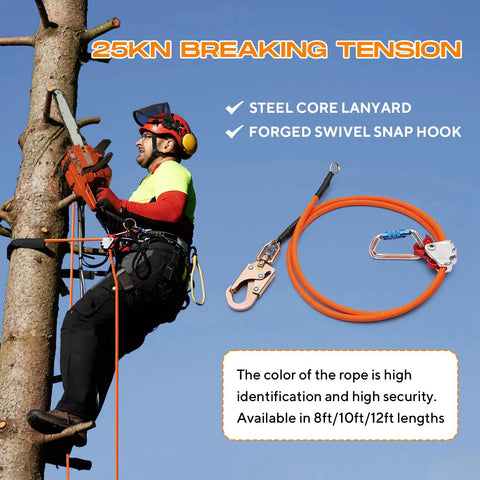 Arborist using Tree Climbing Flipline Kit With Half Inch Wire Core, Twelve Foot Length, on tree with safety gear