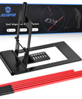 Ultimate Golf Alignment Sticks Holder with adjustable angle, black base, and six red metal rods for swing training