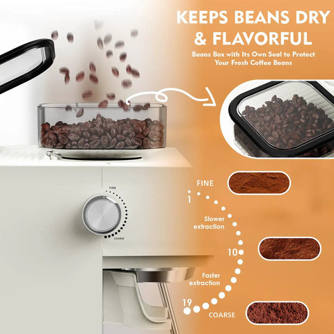 Semi Automatic Espresso Machine With Self Cleaning Conical Burr Grinder And 19 Ground Settings 20 Bar Pressure Built In Milk Frother System Removable Water Tank showing coffee beans in container and grind settings.