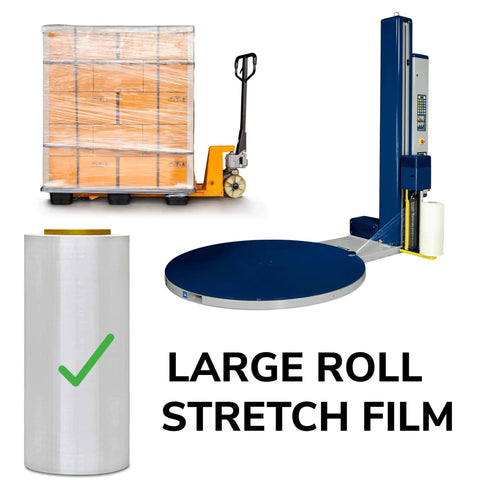 Industrial Heavy Duty Shrink Wrap Stretch Film Roll 18x4265 Foot 120 Gauge Super Tough Plastic Sheet for pallet packing with pallet jack and wrapper.
