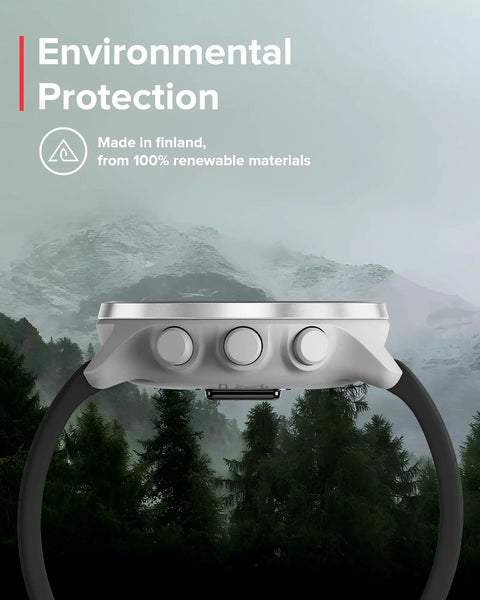 Side view of D5 Wrist Dive Computer With USB Cable Black, showcasing durable buttons against a forest background.