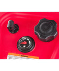Close-up of red 6 Gallon Portable Marine Fuel Tank With Gauge EPA Certified CARB Approved Built Rugged For Harsh Conditions