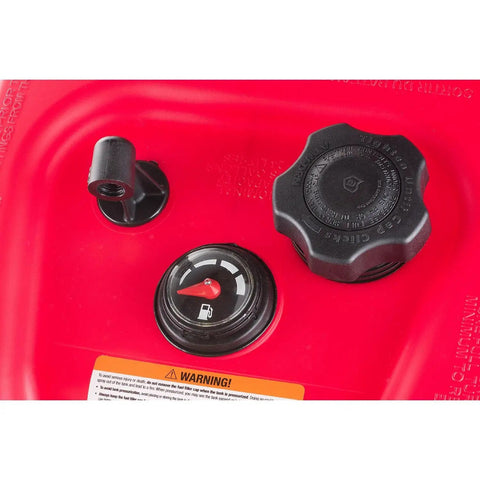 Close-up of red 6 Gallon Portable Marine Fuel Tank With Gauge EPA Certified CARB Approved Built Rugged For Harsh Conditions