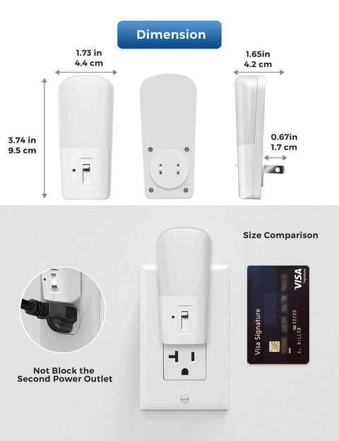 Dimmable Plug In Night Light With Dusk To Dawn Sensor, 5000K Daylight size comparison with credit card, dimensions labeled
