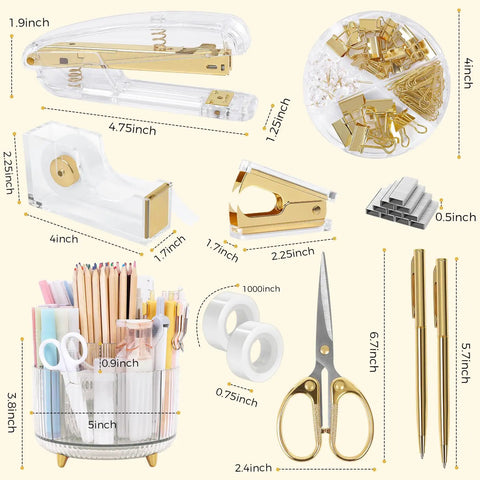 Gold Desk Organizer Set For Women With Rotating Pen Holder Gel Pen Stapler Tape Dispenser Scissors Clips 1000 Staples Layout