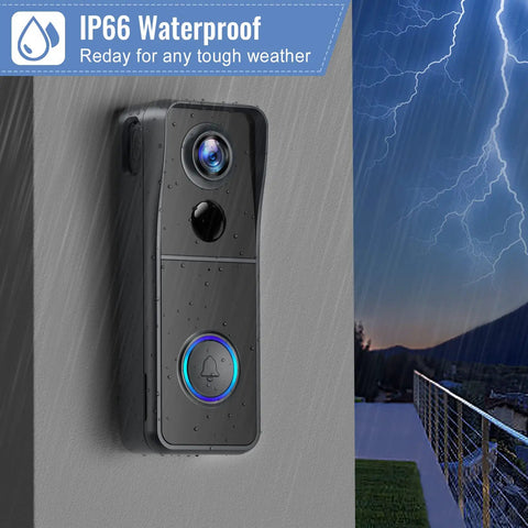 Wireless 1080P Video Doorbell with Chime in rain, IP66 waterproof, 2-way audio, motion detection, 100% wire-free setup