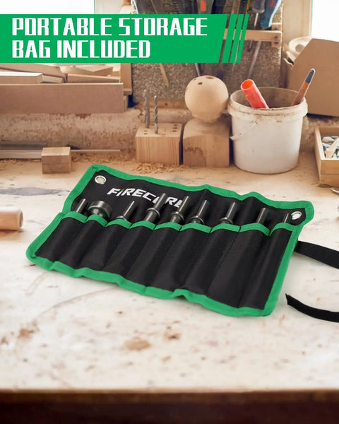 Nine Piece Air Hammer Chisel Set With 0.401 Inch Shank And Canvas Pouch organized on a workshop table