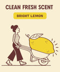 Illustration of a person pushing a lemon in a wheelbarrow, concept for Granite And Stone Daily Countertop Cleaner with Bright Lemon scent.