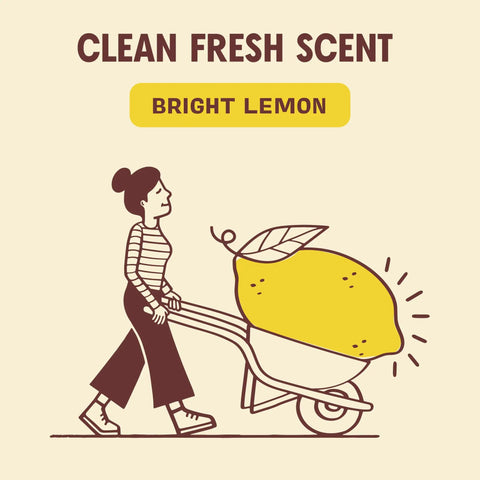 Illustration of a person pushing a lemon in a wheelbarrow, concept for Granite And Stone Daily Countertop Cleaner with Bright Lemon scent.