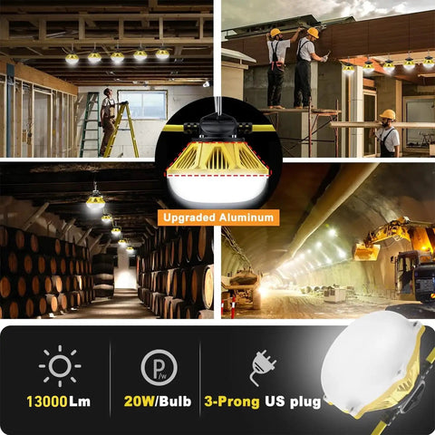 Collage showing Rugged 50 Ft LED Construction String Lights With 5 Sockets 100W in various outdoor job site settings and close-up