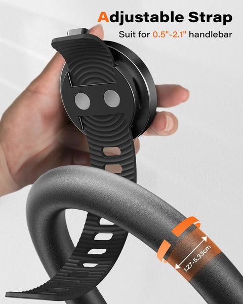 Close-up of MagSafe Gym Phone Mount With 17 N54 Strong Magnets Adjustable Strap 3 In 1 Phone Holder on handlebar