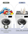 No Sweat Washer And Dryer Top Protector Covers 2 Pack Non Slip Absorbent Dust Proof Laundry Room Mats Quick Drying Appliance Pads For Kitchen Storage Classic Gray shown on a washer preventing dust and stains.
