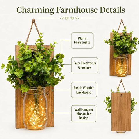 Rustic Mason Jar Wall Sconces Featuring Led Fairy Lights And Faux Ivy Vine Serve Up Serious Farmhouse Charm And Super Cool Evening Vibes For Your Spot Killer Decor Two Pack with warm fairy lights and faux greenery