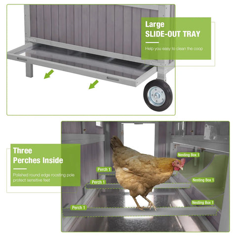 Portable Wooden Chicken Coop On Wheels For Backyard Flock Of 6 With 3 Perches And 3 Nesting Boxes, slide-out tray and perch design