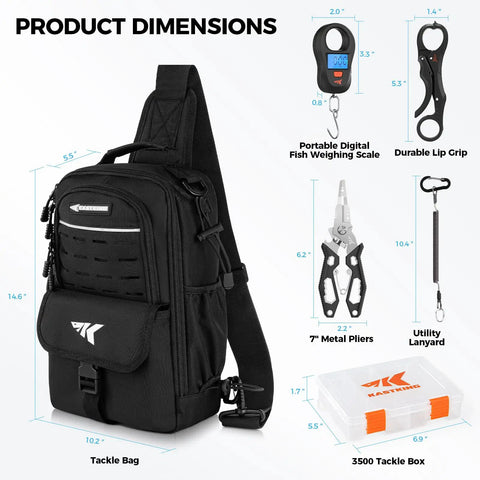 Everyday Essential Sling Tackle Bag And Tool Set With Fishing Scale Waterproof 3500 Tackle Box And 7 Inch Pliers Lip Gripper Pro Gear
